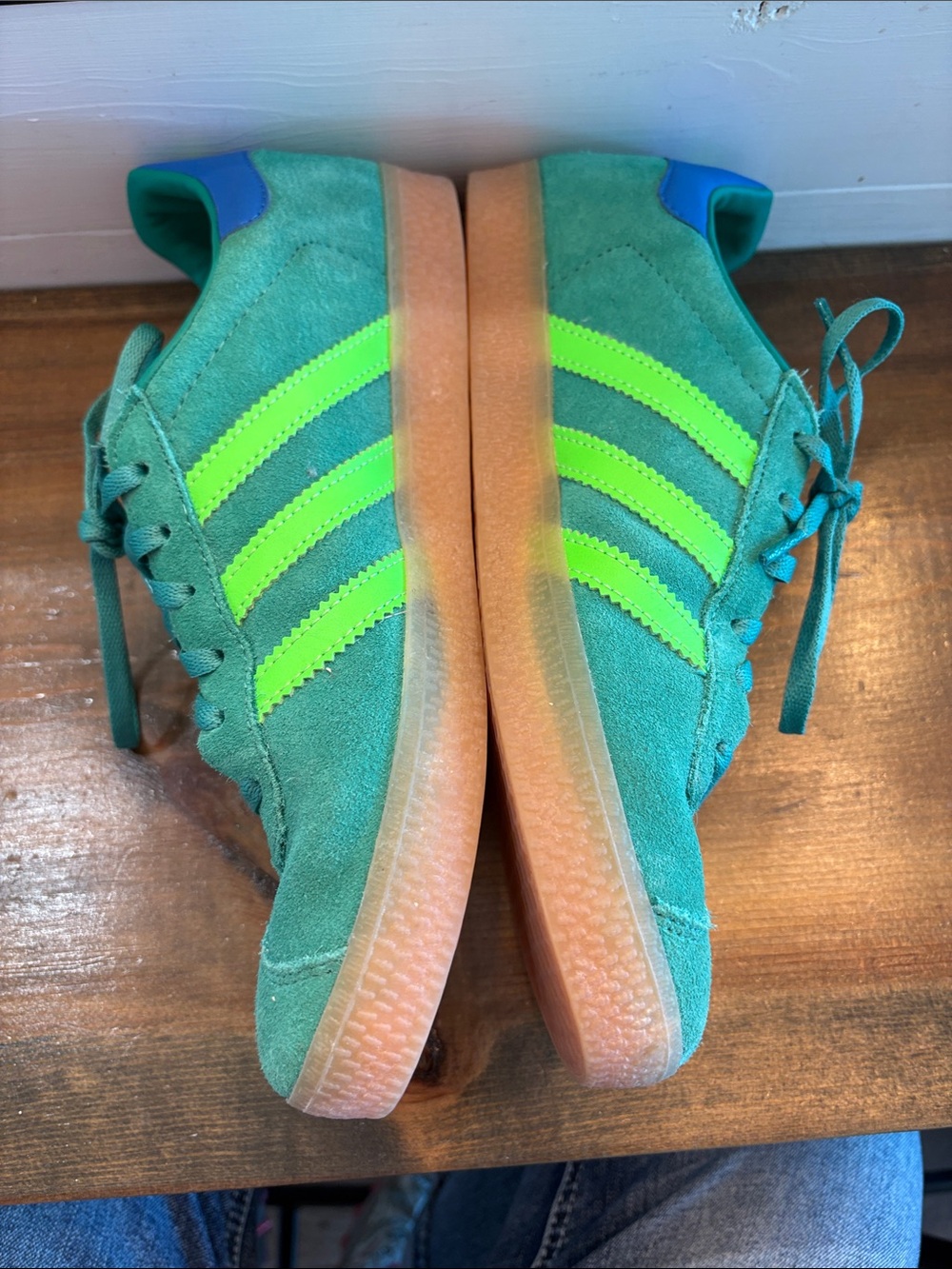 adidas gazelle Women’s Teal Suede Sneakers with Neon Green Stripes - Picture 2 of 6